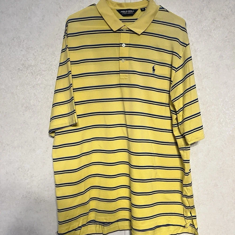 Polo Ralph Lauren Polo Golf Shirt Men XL Yellow Short Sleeve Blue‎ Striped